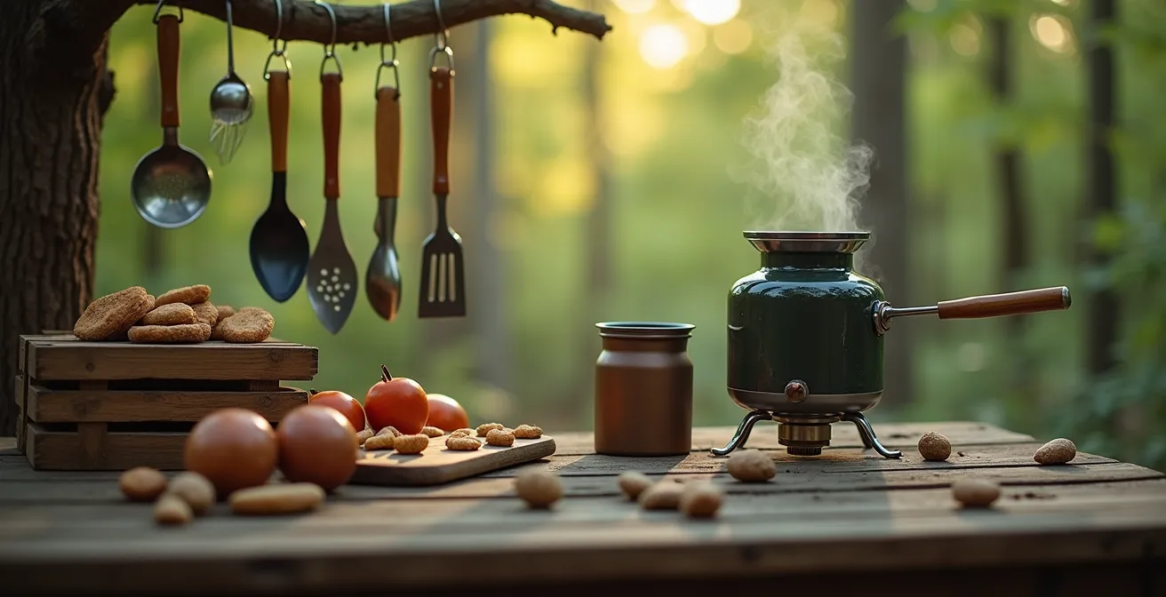 Gros plan sur une cuisine de camping organisée avec réchaud, ustensiles suspendus et plan de travail improvisé