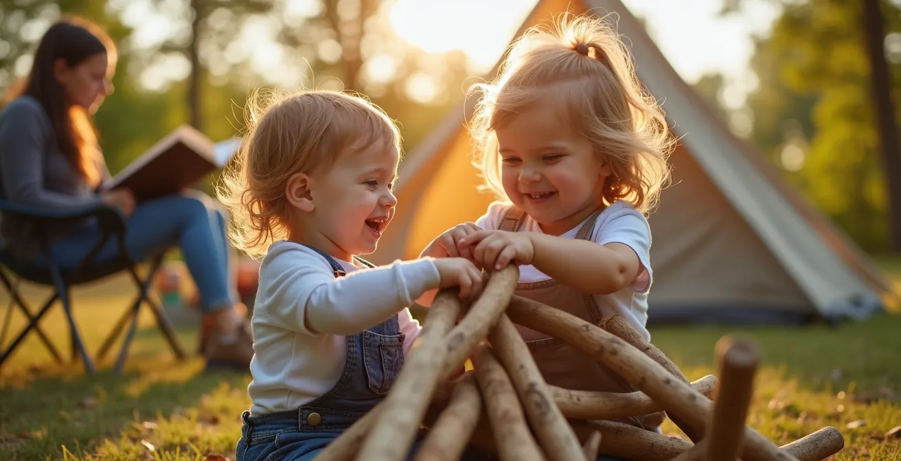 Portrait d'enfants jouant en sécurité sur un emplacement de camping avec parents en arrière-plan