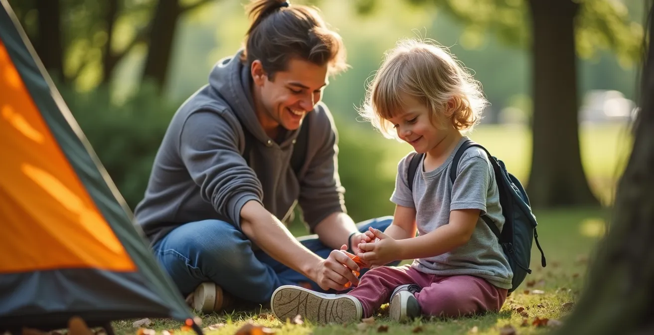 Famille installant sa tente sur un emplacement ombragé
