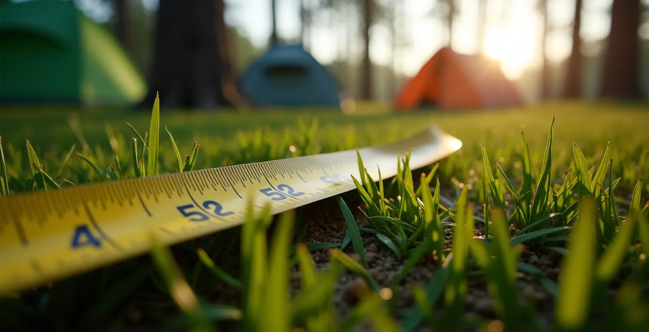 Gros plan d'un ruban à mesurer tendu sur l'herbe d'un emplacement