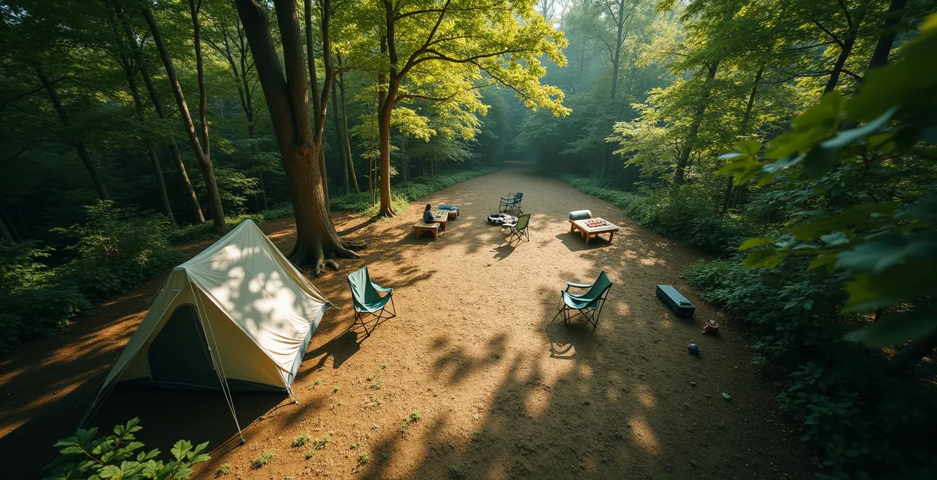 Vue aérienne d'un emplacement de camping montrant différentes zones d'activités avec mobilier de camping